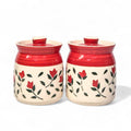 Red Ceramic Jars - Handmade Storage Containers with Lid, Ceramic Pickle Jar - 300 ML (RED FLOWER SET OF 2)