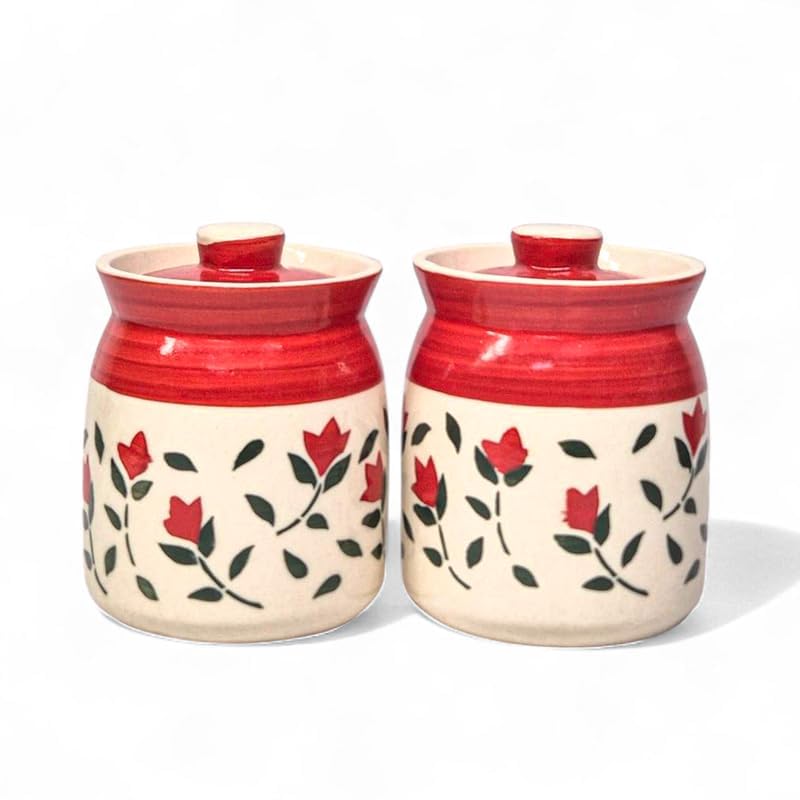 Red Ceramic Jars - Handmade Storage Containers with Lid, Ceramic Pickle Jar - 300 ML (RED FLOWER SET OF 2)