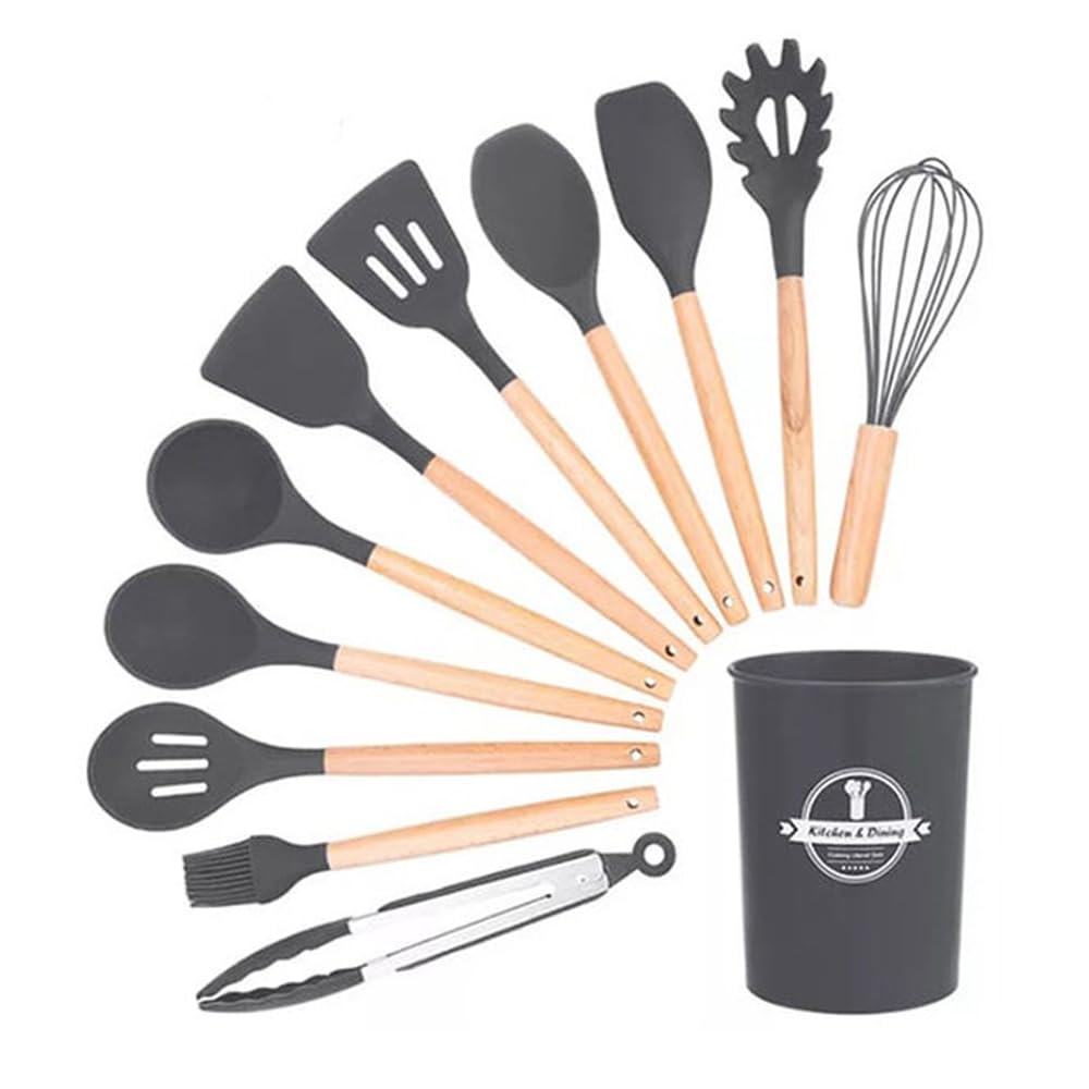 11 Pieces Silicone Cooking Utensils Set, Nonstick Cookware Set with Storage Bucket, Heat Resistant Kitchen Untensils Set with Premium Wood Handles (Black)