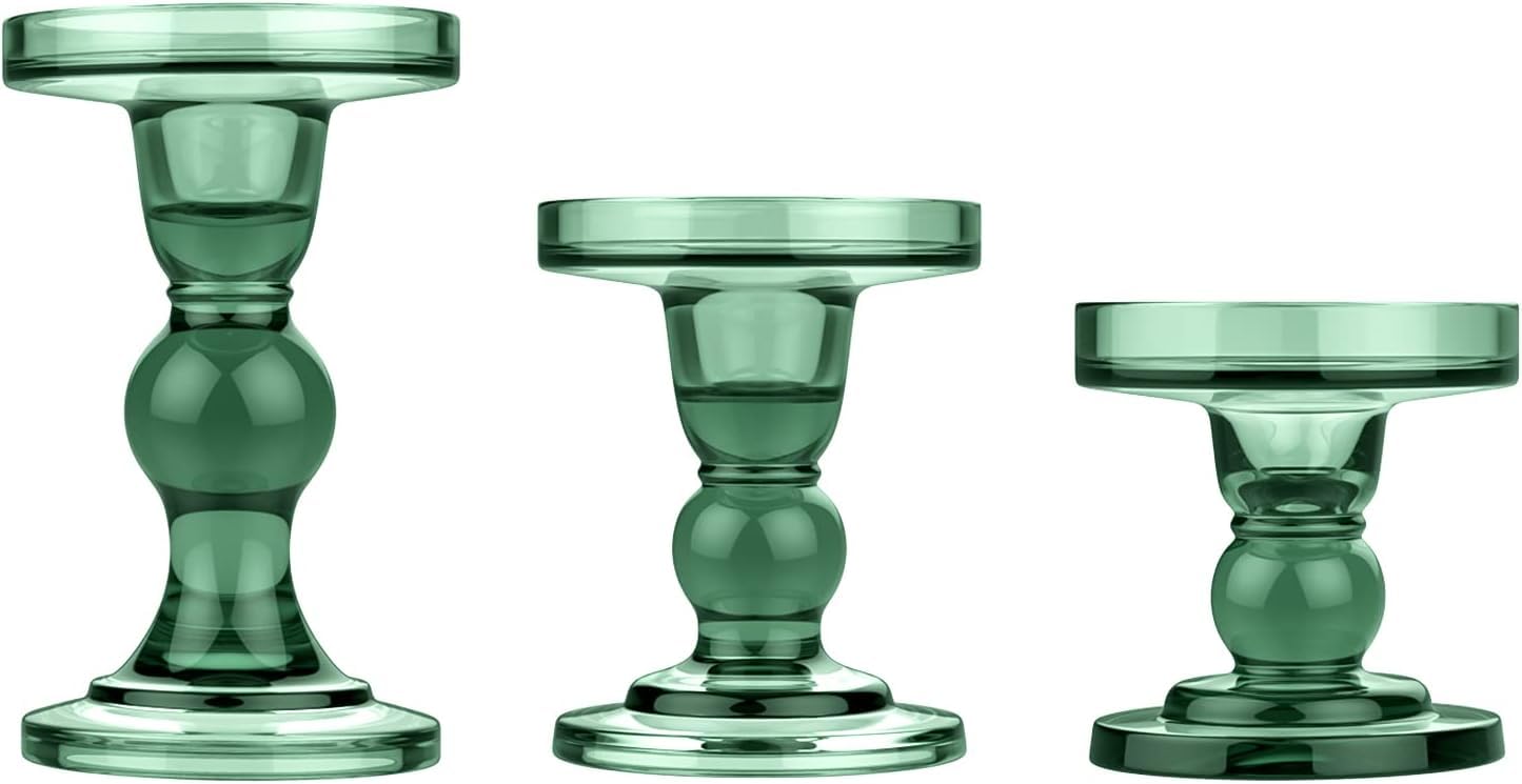 LUCKY-D Glass Candle Holders, 3 Pieces of Crystal Clear Candlesticks With Elegant Designs for Pillar Taper Candles and Tea lights, Home Tables Living Rooms Wedding Party Decorations (Green)