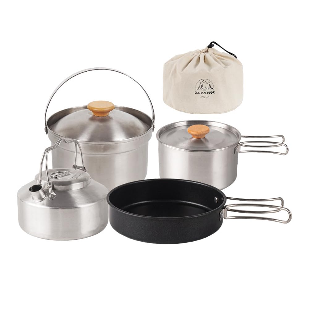 Camping Hiking Cookware Set, Camping Hiking Cookware Set Outdoor Portable Picnic Cookware Kit Stainless Steel Pot Frying Pan Kettle Set Travel Cooking Accessory