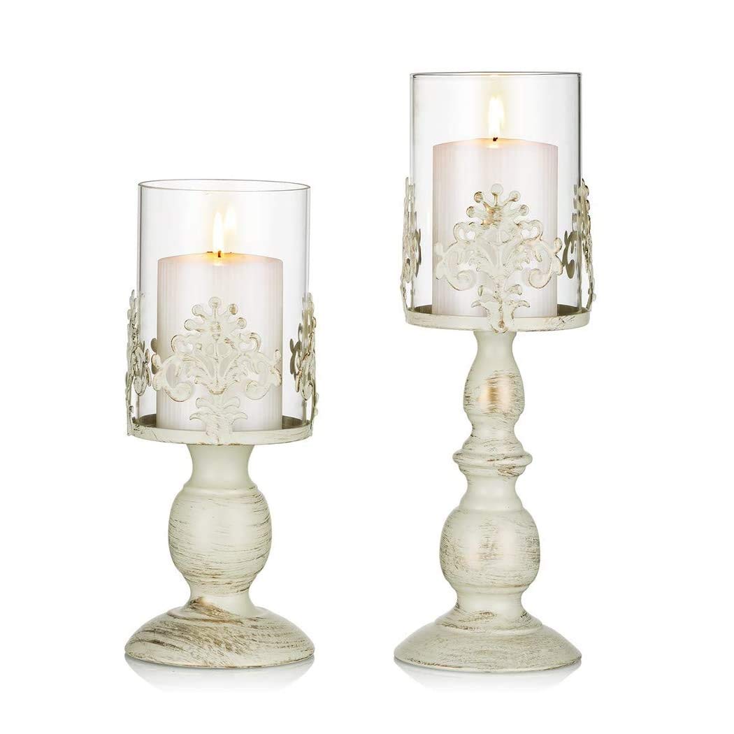 Sziqiqi Vintage Candle Holder Set of 2 Hurricane Candleholer Set Versatile Candle Centerpiece for Wedding Party Home Fireplace Mantel Decoration Distressed Ivory