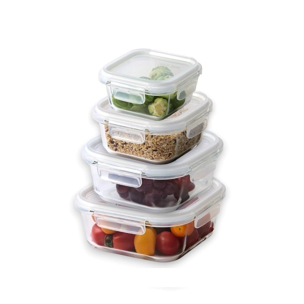 LocknLock Glass Food Storage Containers Set of 4, Square (320ml–1200ml) | Airtight, Leakproof | Oven & Microwave Safe