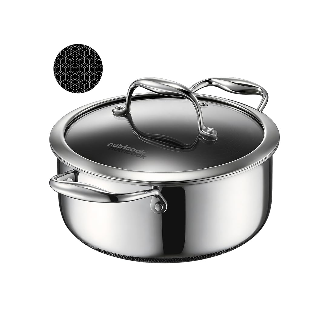 Nutricook Eterna Tri-Ply Hybrid 20cm Casserole with Lid – Stainless Steel & Ceramic Coating, Metal-Utensil Safe, Oven & Dishwasher-Safe, Induction & All Cooktops Compatible