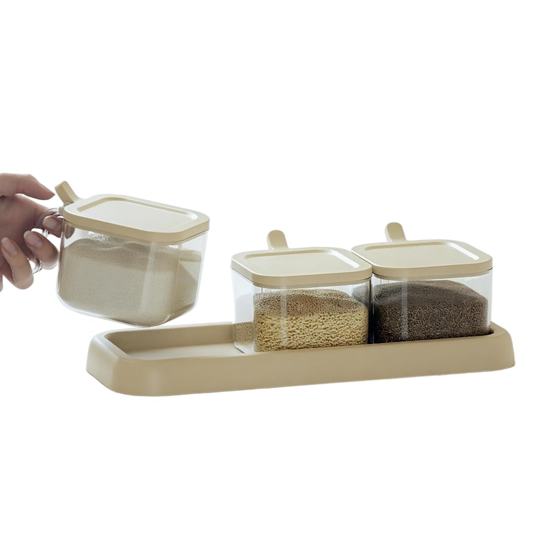 Seasoning Containers with Airtight Lids and Spoons, 3Pcs Clear Glass Spice Jars for Salt, Sugar, and Condiments, Kitchen Countertop Storage Set for Spices, Seasonings and Sugar Bowls