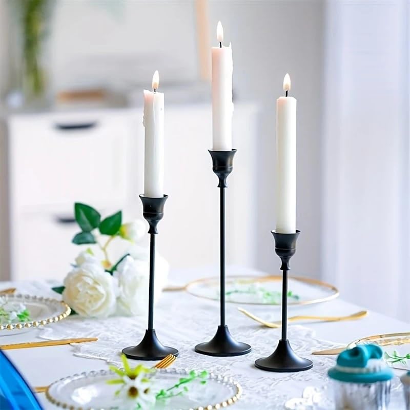 3pcs Elegant Black Metal Candle Holders,Vintage Polished Finish,Tabletop Candle Stand for Romantic Dinners,Home Decor,Wedding, Birthday, Party,New Year Decorations.No Electricity or Batteries Required