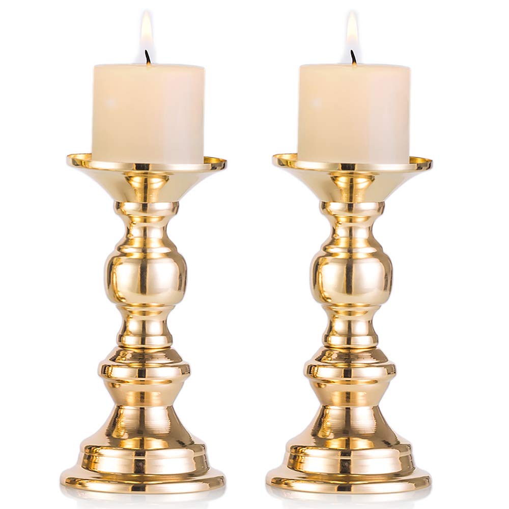 Nuptio Pillar Candle Holders, Wedding Centerpieces Metal Candle Holder Candles Stand Decoration Ideal for Weddings Special Events Parties Living Room (2 Pcs, Gold)