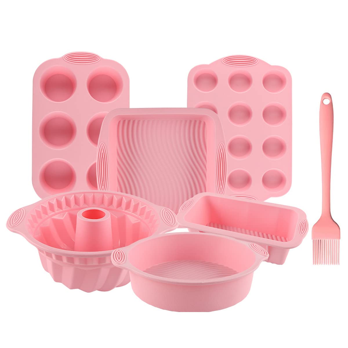 Nonstick Silicone Bakeware Set, 7set Baking Cake Pan, Economical BPA Free Heat Resistant Bakeware Suppliers Tools Kit with Silicone Brush for DIY Loaf Bread Cheesecake Pizza Cupcake Muffin