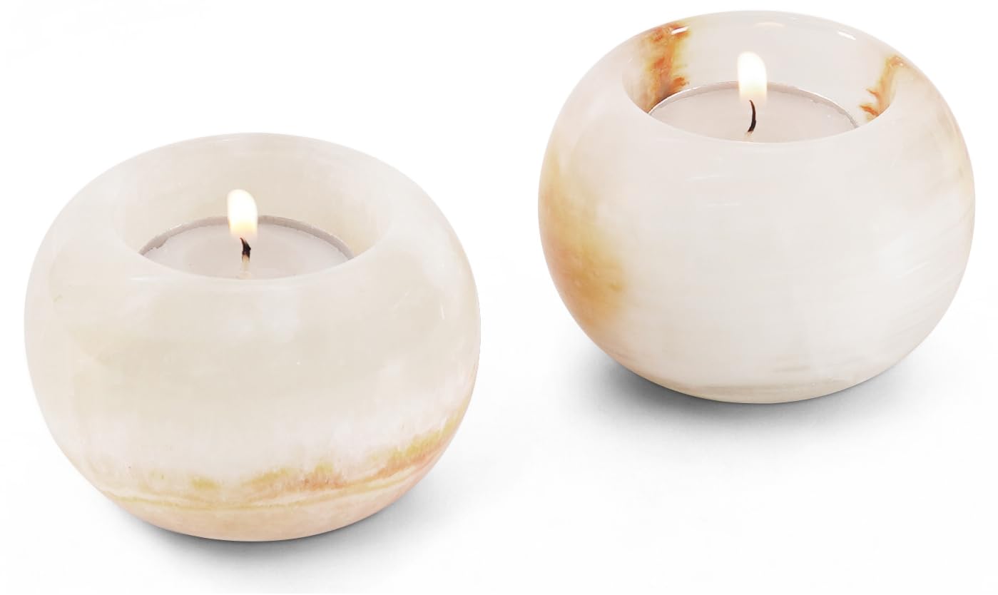 Marble Tealight Candle Holder 3 Inch White Onyx Stone Votive Candle Holders for Table Centerpiece & Earthy Room Decor Aesthetic - Decorative Candles Holders for Wedding Party Decorations