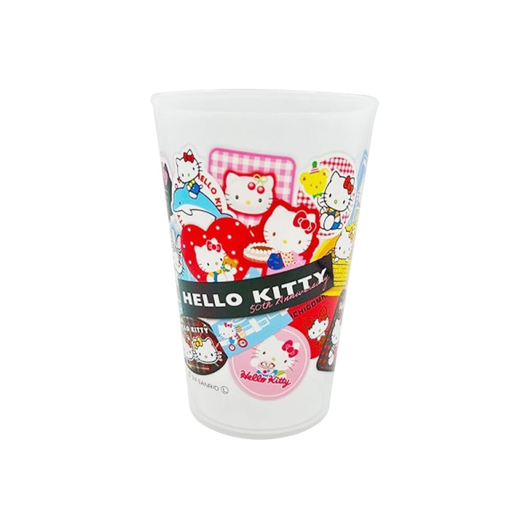 Daiso Hello Kitty 50th Anniversary Tumbler Multicolor | Vibrant Sticker Collage Design | Cute Sanrio Reusable Plastic Cup | Kawaii Drinkware for Kids & Collectors | Authentic Japan Design