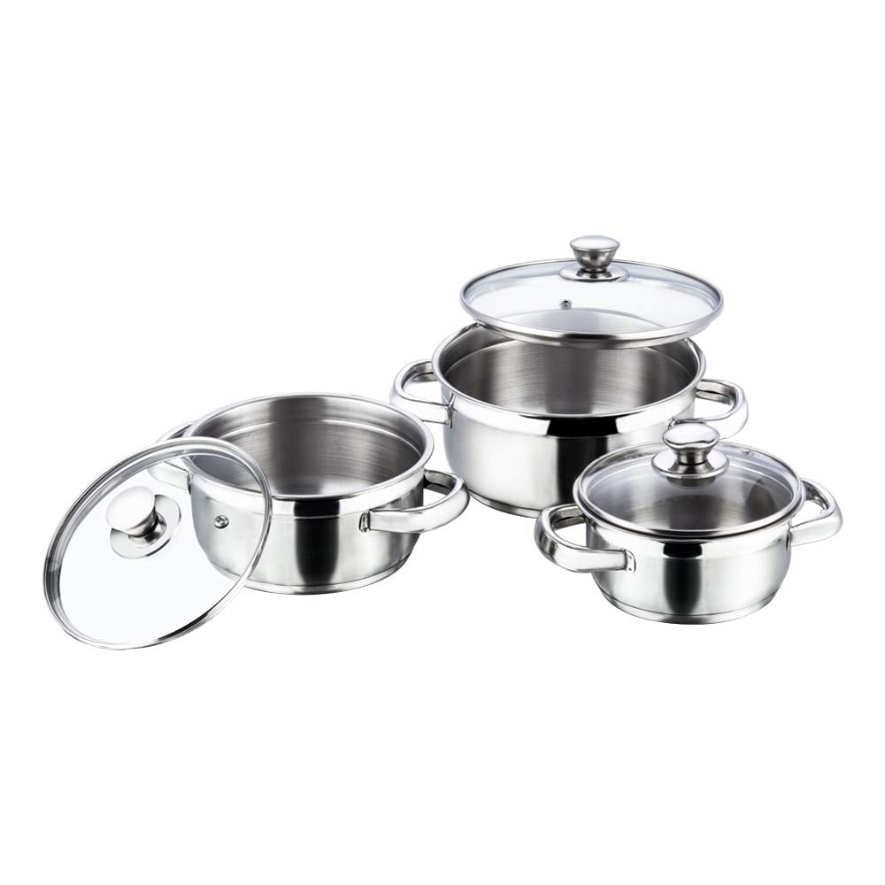 Vinod Bremen Stainless Steel Saucepot/Casserole/Cooking Pot/Serving Pot Set 6 Pcs-Capacity 1,1.5 & 2 Litre with 3 glass lids|2.5mm Thick Base|Riveted SturdyHandle|Induction&GasStove Friendly|SASBottom