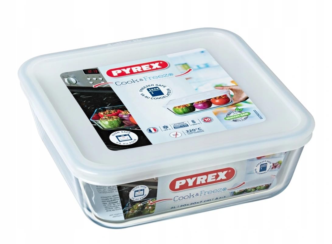 Pyrex Cook & Freeze Square Glass Dish with Plastic Lid (0.8L) – Oven, Microwave, Freezer & Dishwasher Safe