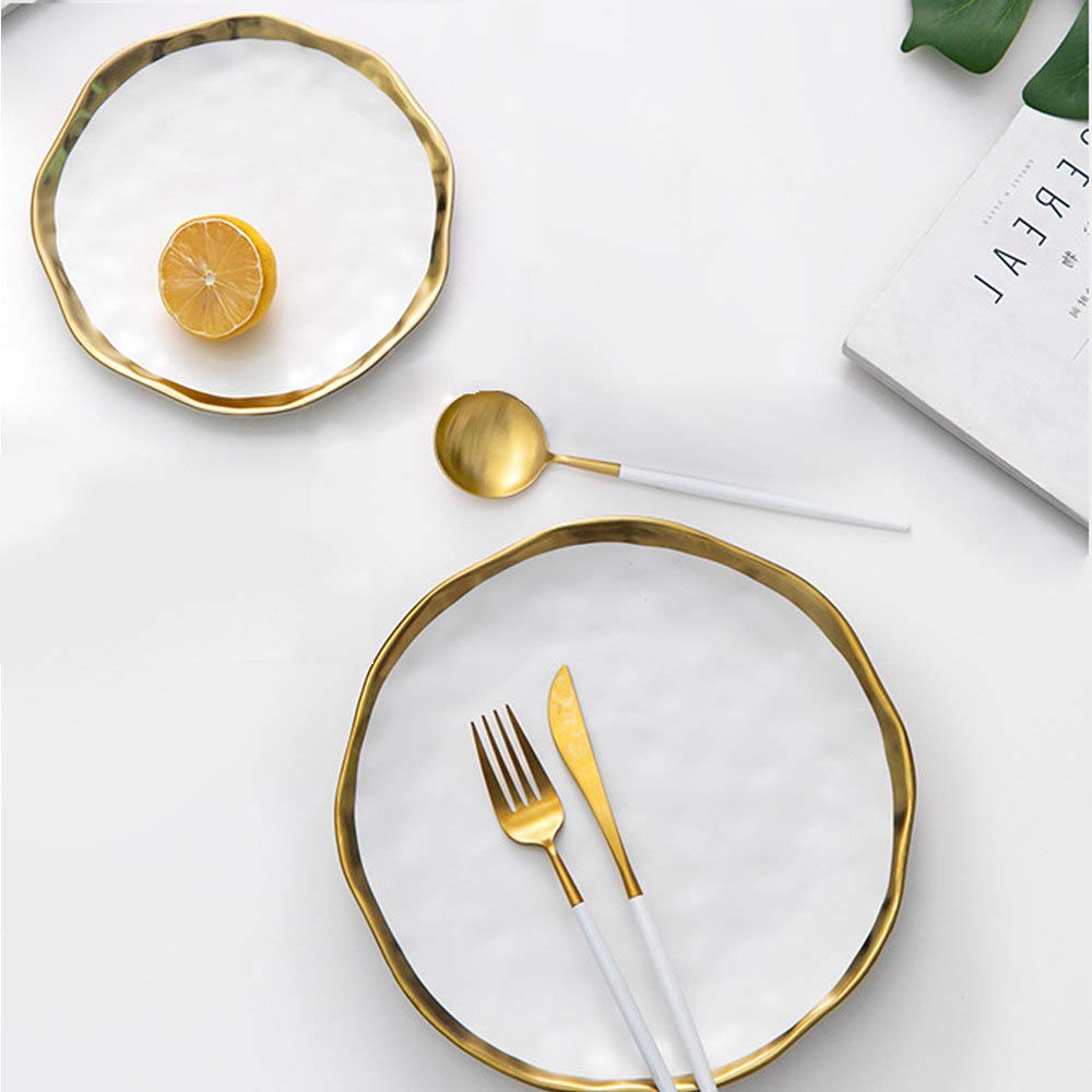 Irregular Plate, Bread Plates, Porcelain Dinner Set, Dinner Set, Dessert Plates, Gold Plates With Decrative Gold Rims, Two Pieces,White-O19.5Cm+O24.5Cm