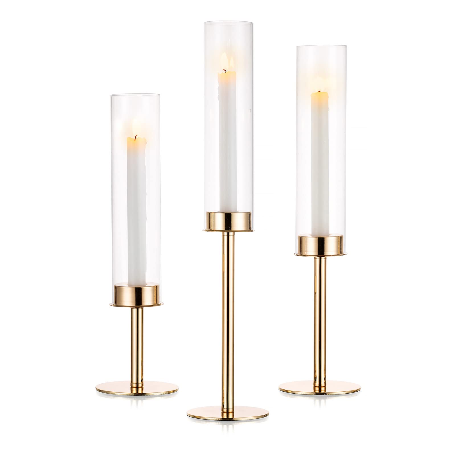 Nuptio Glass Cylinder for Candles Candle Holder Gold: Clear Glass Metal Candle Holder Taper Candles Large Bottomless Cylinder Shade Wedding Party Table Centerpiece Decor, Set of 3