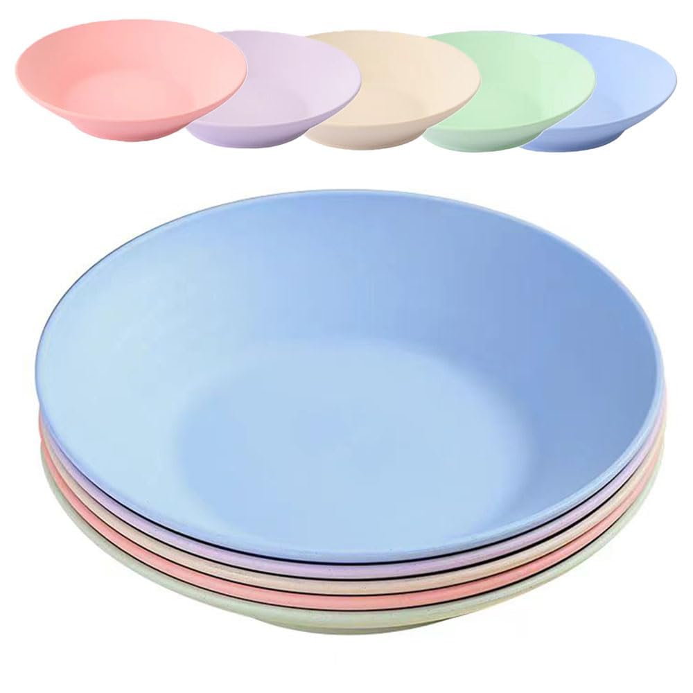 KASTWAVE Wheat Straw Plates, Lightweight Reusable Unbreakable Dinner Plates, PA Free and Healthy for kitchen Camping Picnic Adult, for Microwave and Dishwasher, 5 Colors 9.2Inch