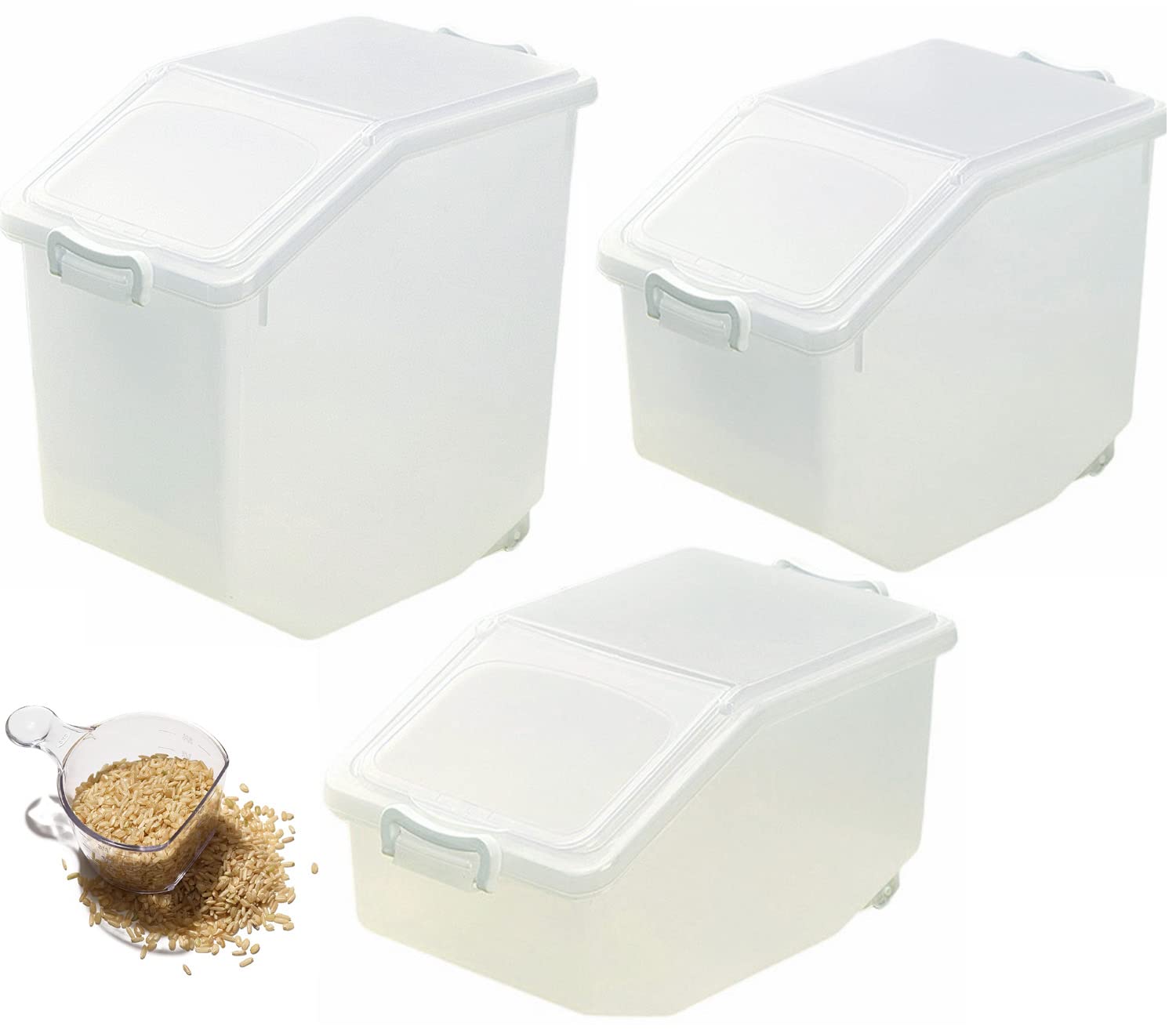Premify Rice Storage Containers 3pcs Set (5kg, 10kg, 15kg) - Food Storage Container with Lid, BPA Free Plastic Large Cereal Sotrage Box, Kitchen Multifunctional Container with Measuring Cup