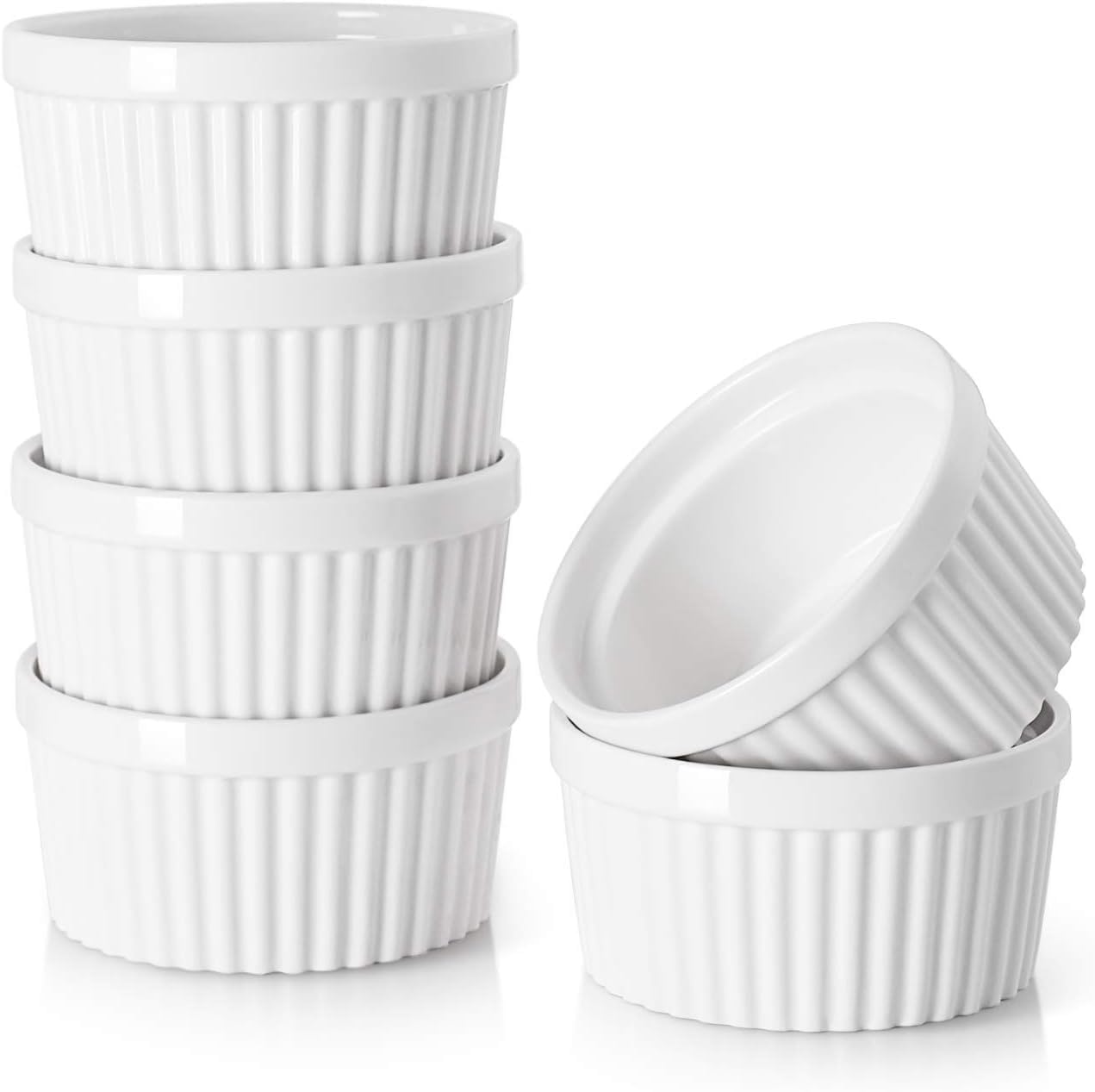 DOWAN Ramekins Set of 6, 8 oz Porcelain Soufflé Dishes for Creme Brulee & Muffin, Baking Dishes for Cake & Pudding & Ice Cream, Mini Bowls for Dips, Sauces, Snacks and Fruits, 4 x 2.1 in-White