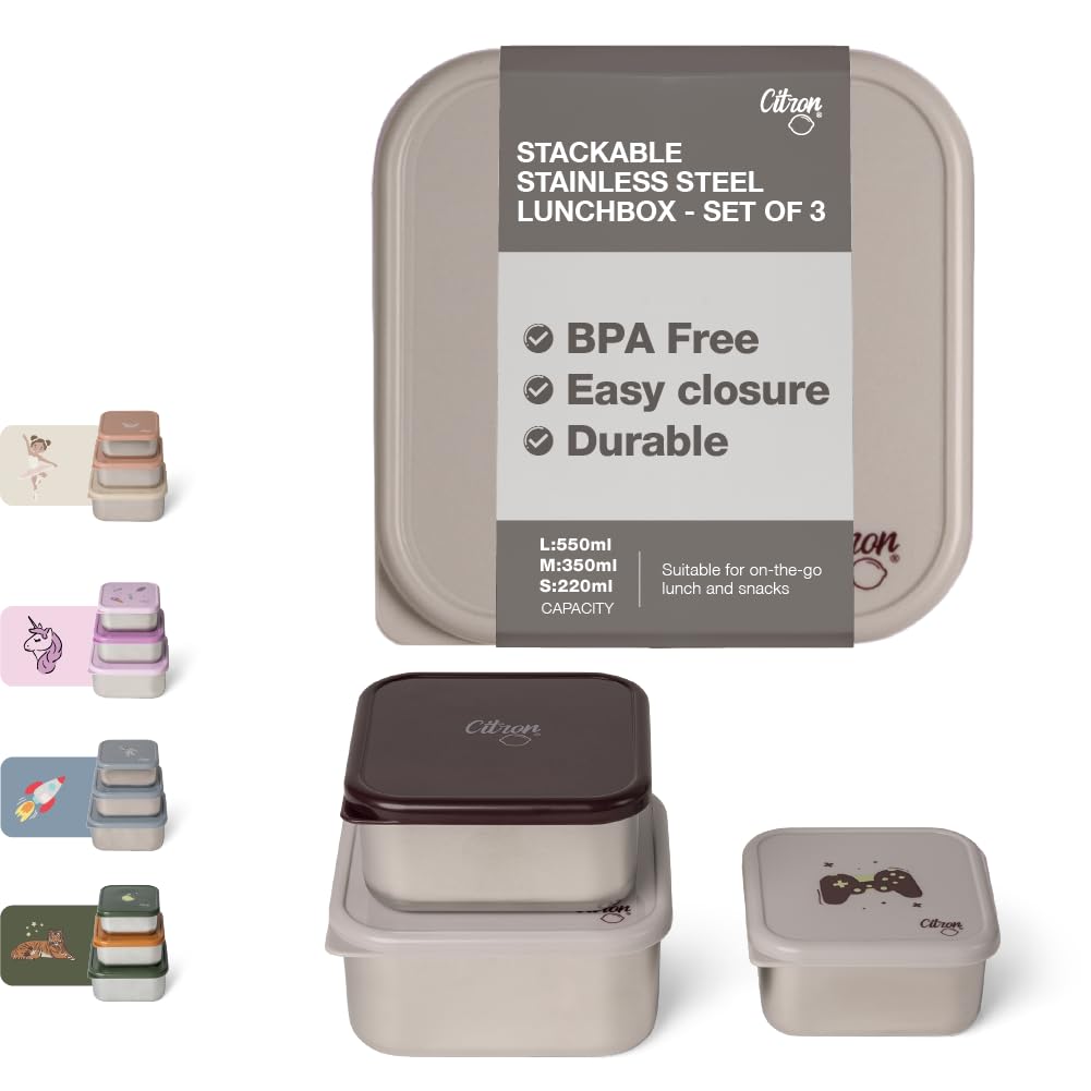 Stackable Stainless Steel Lunch Box, 3 Leakproof containers. Loved by Kids, Compact & Easy to Clean, Elegant Cool Kid Design for School & Travel
