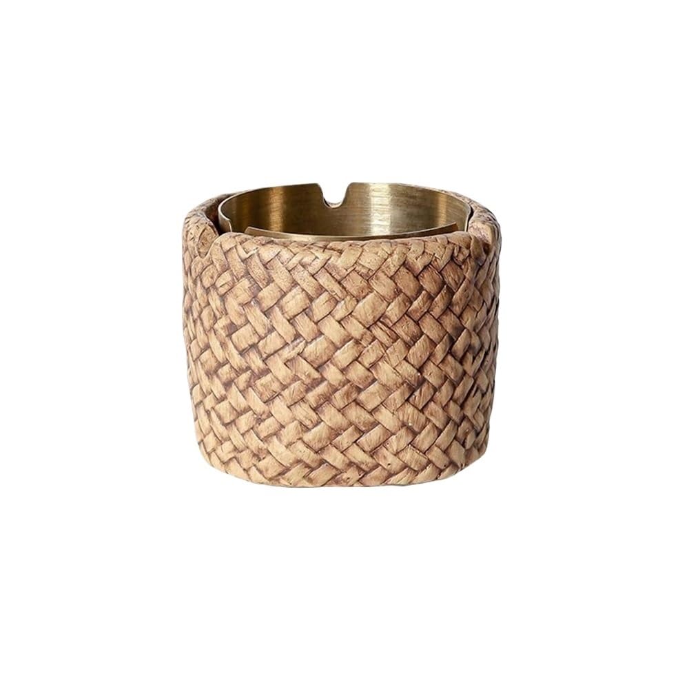 Practical ashtray Imitation Rattan Ashtray Stainless Steel Liner for Homes Balconies Gardens Offices Also as Decoration(Gold)