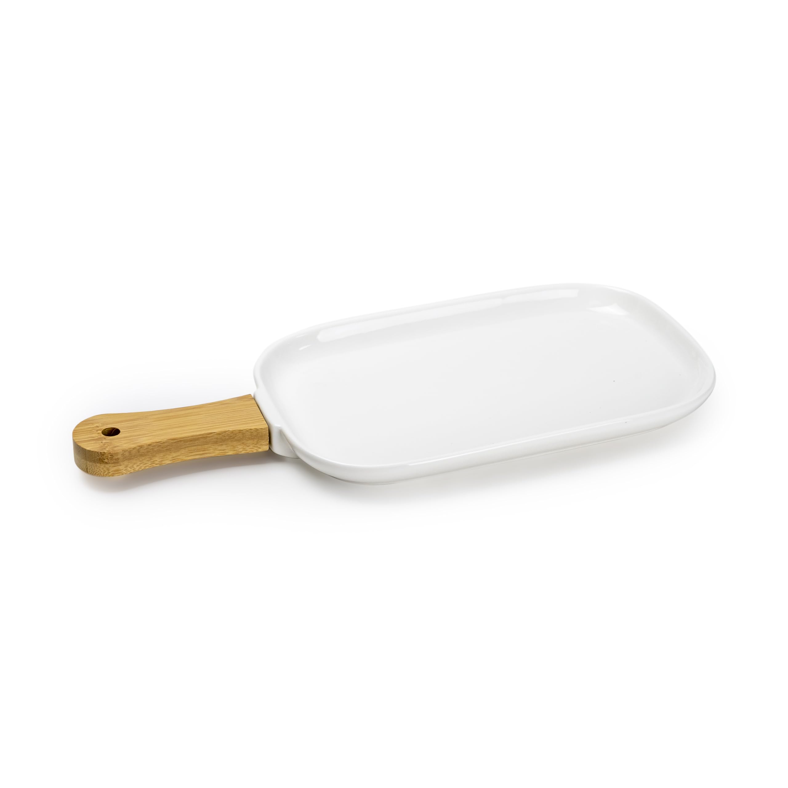 Bone China Shallow Porcelain Ceramic Plate with Bamboo Handle - Gourmet Serveware Tableware, 35x15x2.3cm, White - Brown