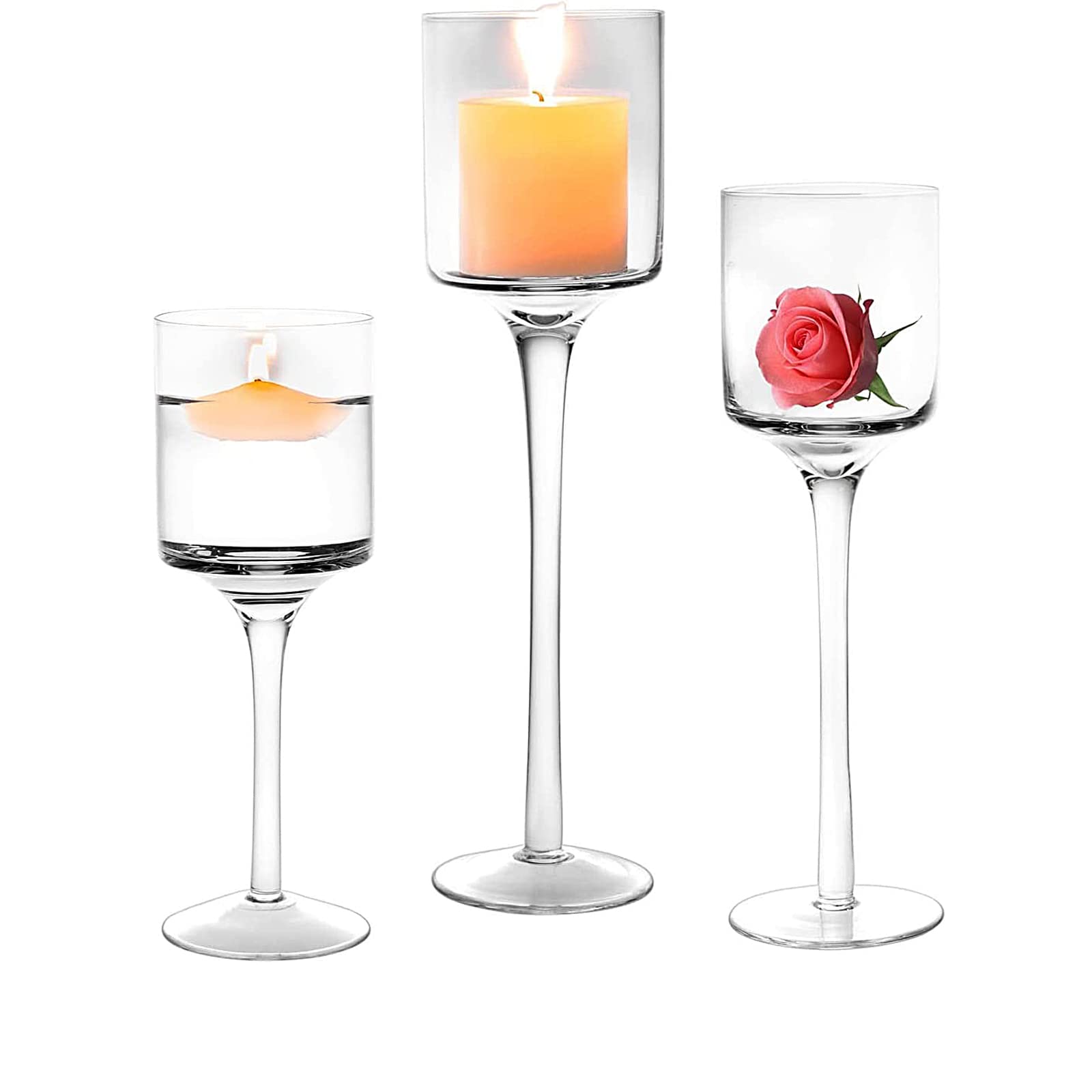 LANLONG Set of 3 Elegant Tall Crystal Tealight Candle Holders Clear Floating Candle Holder Glass Centerpieces for Tables Ideal for Dining Wedding Party Home Decor