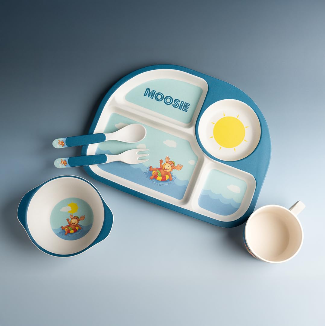 Bamboo Kids Dining Set – 5-Piece Reusable Plate, Bowl, Cup, Spoon & Fork | Eco-Friendly, BPA-Free & Durable Tableware for Children (Blue Water Fun)