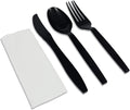 MARKQ [50 Pack] Black Plastic Cutlery Set with Napkins - Disposable Cutlery Set for Camping, Travel & Party Supplies (Knife, Fork, Spoon, Napkin)