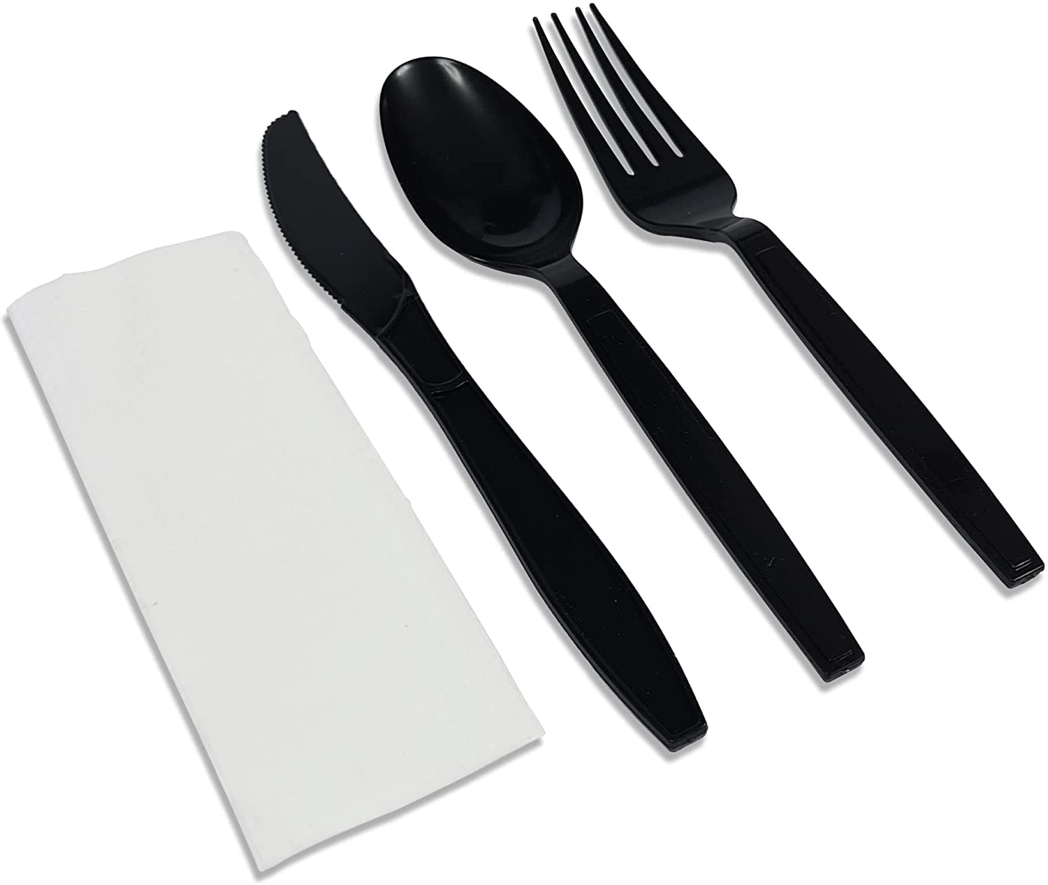 MARKQ [50 Pack] Black Plastic Cutlery Set with Napkins - Disposable Cutlery Set for Camping, Travel & Party Supplies (Knife, Fork, Spoon, Napkin)