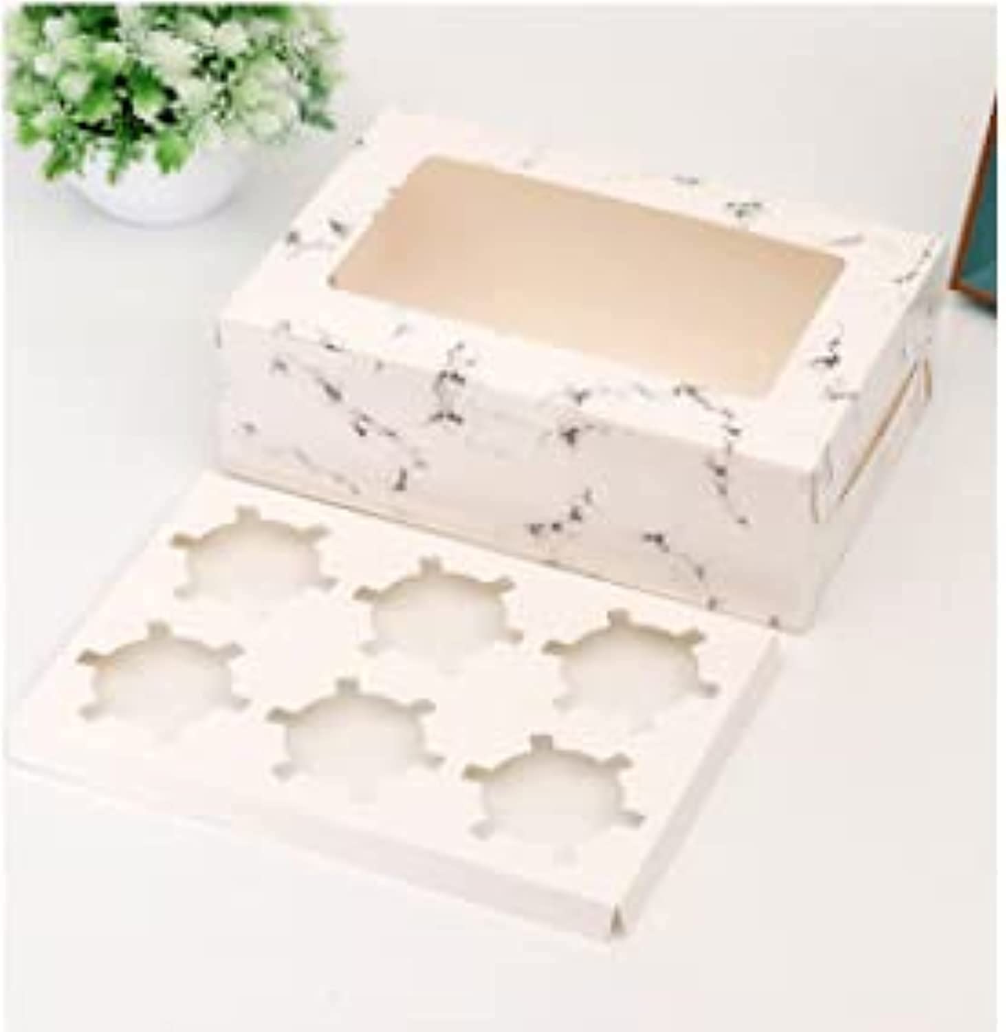 REDDOTGIFT® 6 Cavities Kraft Paper Cupcake Box (Pack of 12) with Inserts Cupcake Containers Bakery Cake Carriers for Home Dessert Shop (Marble)