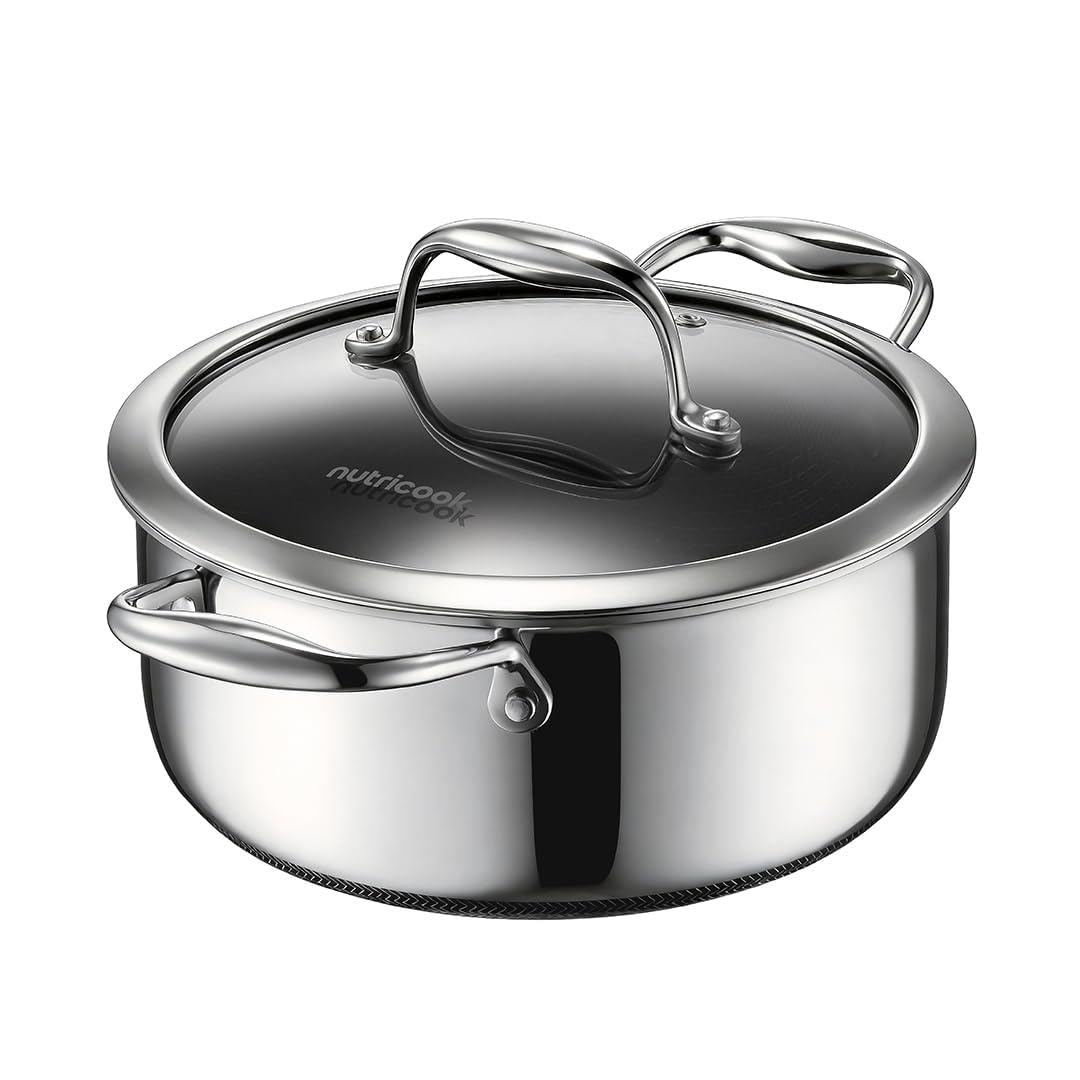 Nutricook Eterna Tri-Ply Hybrid 24cm Casserole with Lid – Stainless Steel & Ceramic Coating, Metal-Utensil Safe, Oven & Dishwasher-Safe, Induction & All Cooktops Compatible