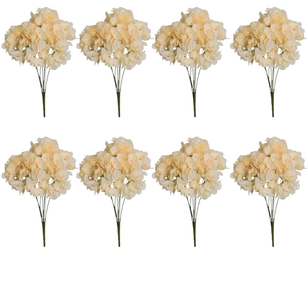 8pcs Artificial Flowers Bunch, Hydrangea Silk Flowers Bundle, Realistic, Fade-Resistant Faux Floral Arrangements, Allergy-Free, No Maintenance, Fake Flowers for Home Office Decor Gift, Cream