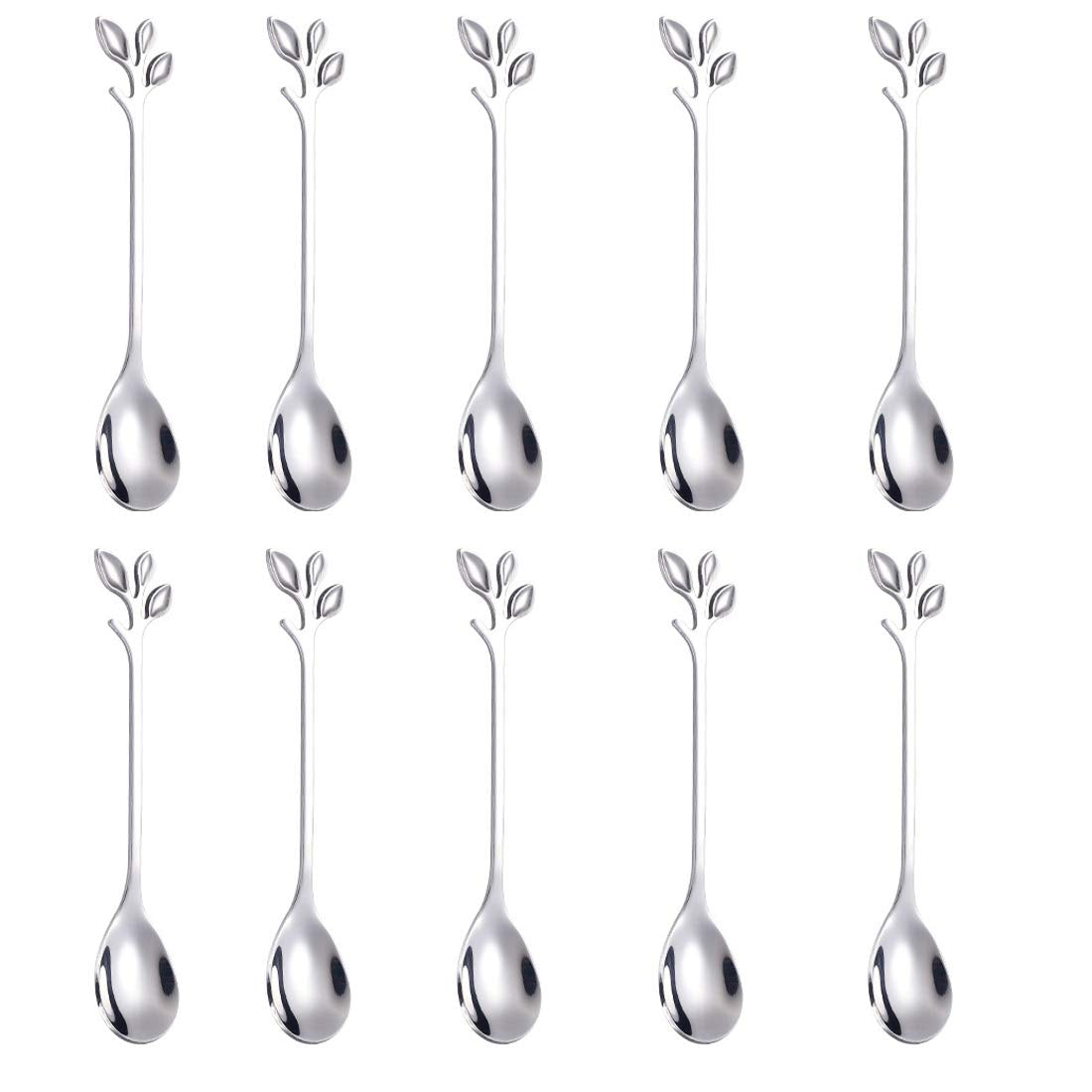 AnSaw 10 Pcs 4.7 Stainless Steel Silver Leaf Coffee Spoon- Creative Tableware Dessert Spoons, Stirring, Mixing, Sugar, Stir, Ice Cream, Cake, Teaspoon Set (Silver-10Spoon)
