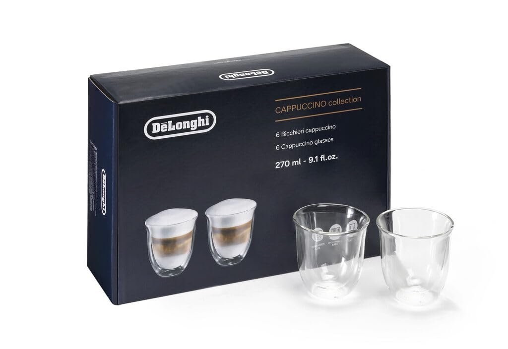 De'Longhi Double Wall Cappuccino Cups Set of 6 – 91oz Hand-Made Thermal Glasses, Dishwasher Safe,DLSC301