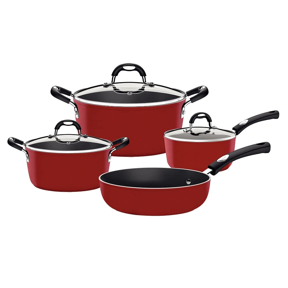 Tramontina Monaco Induction 7 Pieces Aluminum Cookware Set with Interior Starflon Premium PFOA Free Nonstick Coating and Exterior Red Silicon Coating
