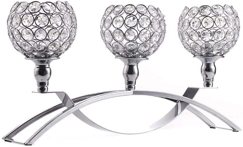 Round Bowl Candlestick Holder Silver Crystal Candle Holder 3 Branches On Foot for Wedding Table Decoration-Silver