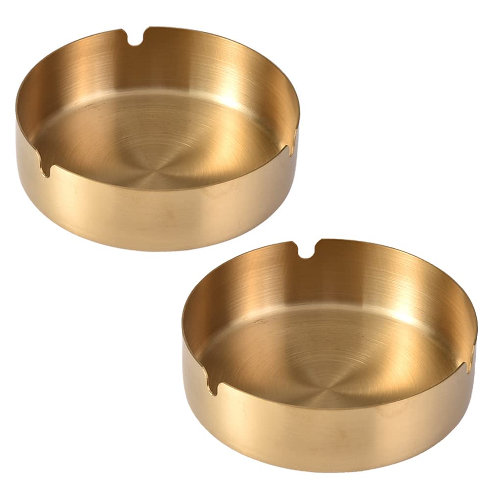 2 Pack Home Ashtray Stainless Steel Ashtray Cigar Ashtray Tabletop Round Suitable for Home (Gold)