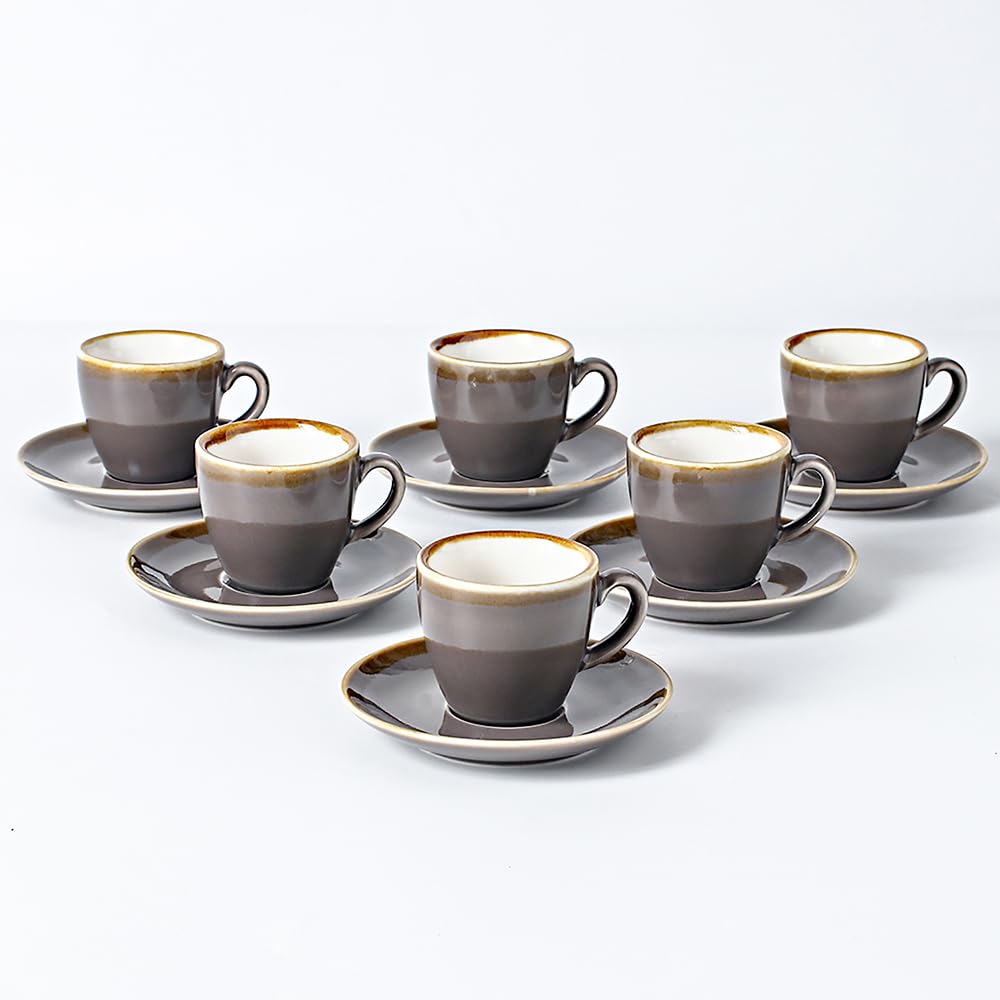 SHUER Ceramic Espresso Cups Set of 6, Latte Mocha Cup with Saucers of Party?80ml Demitasse Cup and Black Tea Cup Sets (Dark Grey)