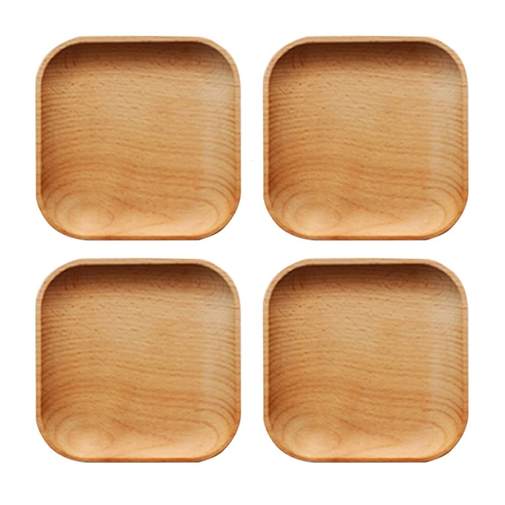 4 Pieces Square Wooden Small Tray, 5 inch Wood Dinner Tableware Plates, Sweets Fruit Dessert Coffee Dish, Kitchen Plates Food Dish Decorative Party Trays