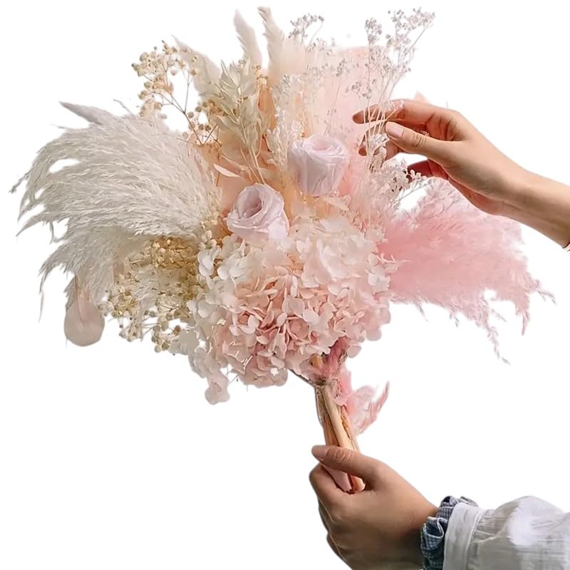 28pcs Bohemian Dried Flower Bouquet with White Feathers & Pink Roses - Ideal for DIY Home & Wedding Decor, Elegant Gift for Mother's Day, Valentine's. (pink white)