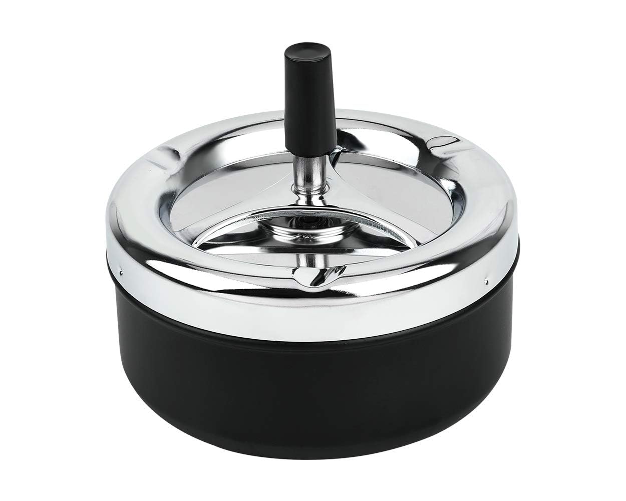 Round Push Down Ashtray with Spinning Tray Metal Cigarette Ash Tray Large 5.2 Inches Home Ashtray for Outside Patio Black