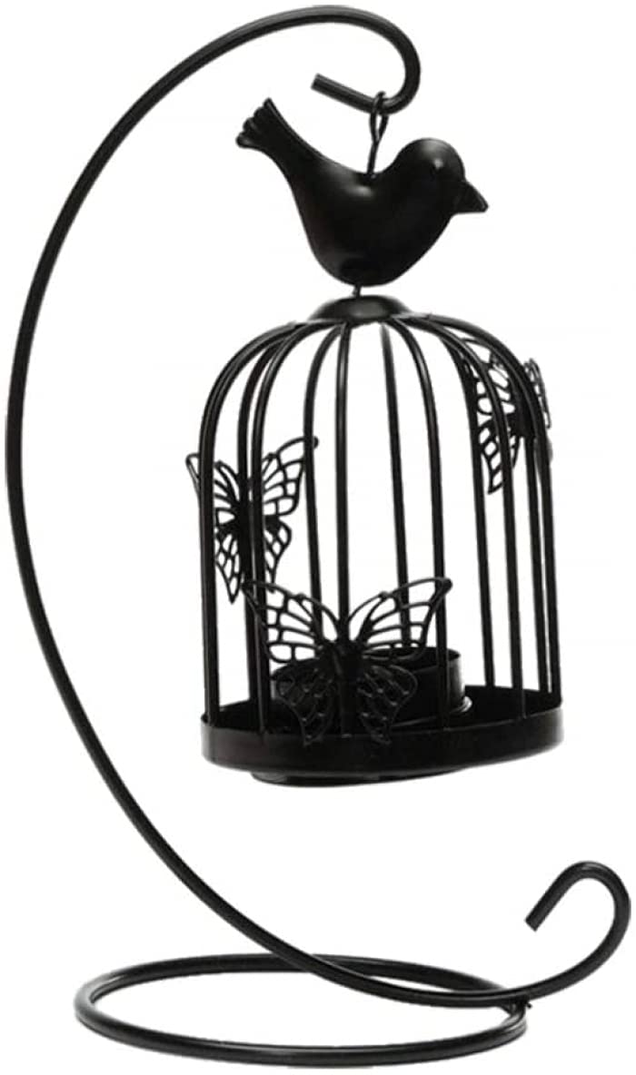 qiuqiu Birdcage Candle Holder, Vintage Hanging Candlestick Butterfly Pattern Lantern, Wind Proof Metal Candlestick for Party Wedding Home Decoration-Black