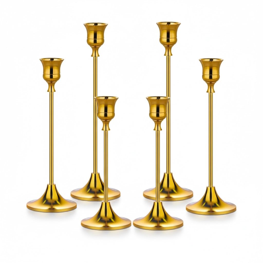 Gold Candlestick Holders Set of 6 – Decorative Taper Candle Holders for Home Decor, Weddings, Parties – Elegant Metal Candle Stands with Brushed Finish – Easy Assembly – Fits Standard & LED Candles