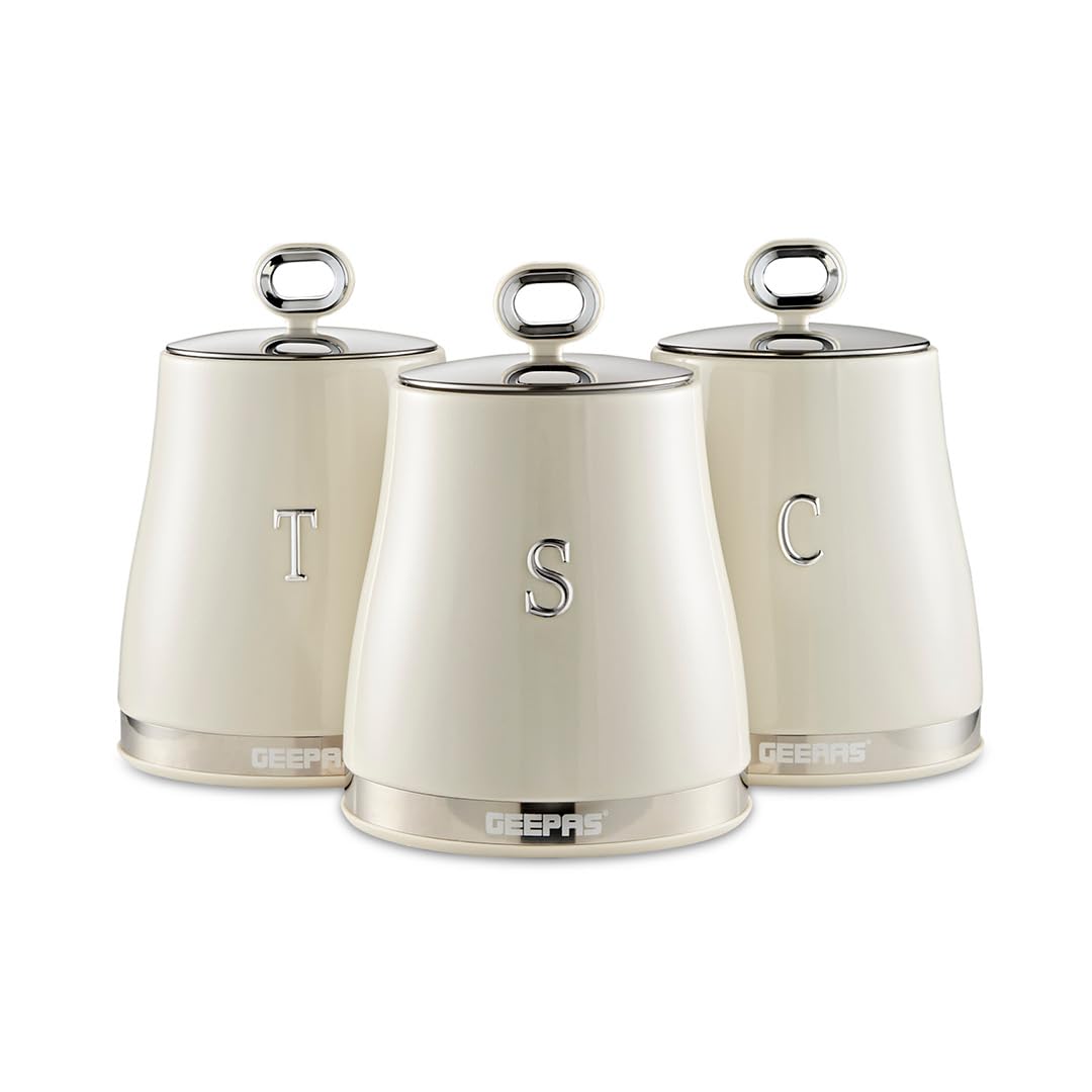 GEEPAS 3-Piece Tea Coffee Sugar Canisters Set | 1.4L Airtight Stainless Steel Lids & Durable Carbon Steel Body | Kitchen Storage Canisters Keeps Contents Fresh Aromatic & Flavourful | Black Retrovive