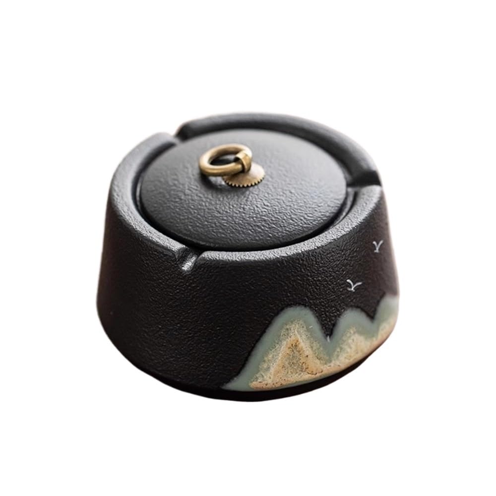 Practical ashtray Outdoor Ceramic Mountain Pattern Ashtray with Metal Lifting Ring Lid Portable