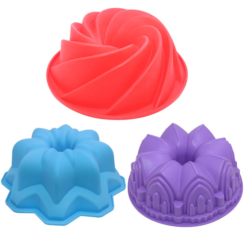 3 Pcs Silicone Cake Bread Baking Molds, Large Swirl Cake Mold Castle Cake Mold and Double Flower Cake Mold for Birthday Party DIY