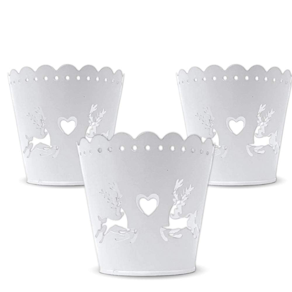 BANBERRY DESIGNS Christmas Tabletop Candles Holders -Set of 3 Round Metal Candleholders - Reindeer and Heart Cut-Out with a Votive Glass Holder Insert