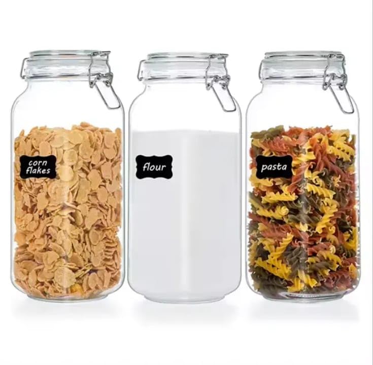Premify 3-Pack Airtight Mason Glass Jars with Clamp Lids – 78 oz Big Square Food Storage Canisters With Labels- Kitchen & Pantry Organization,Perfect for Storing Sugar,Flour, Cereal & Cookies etc