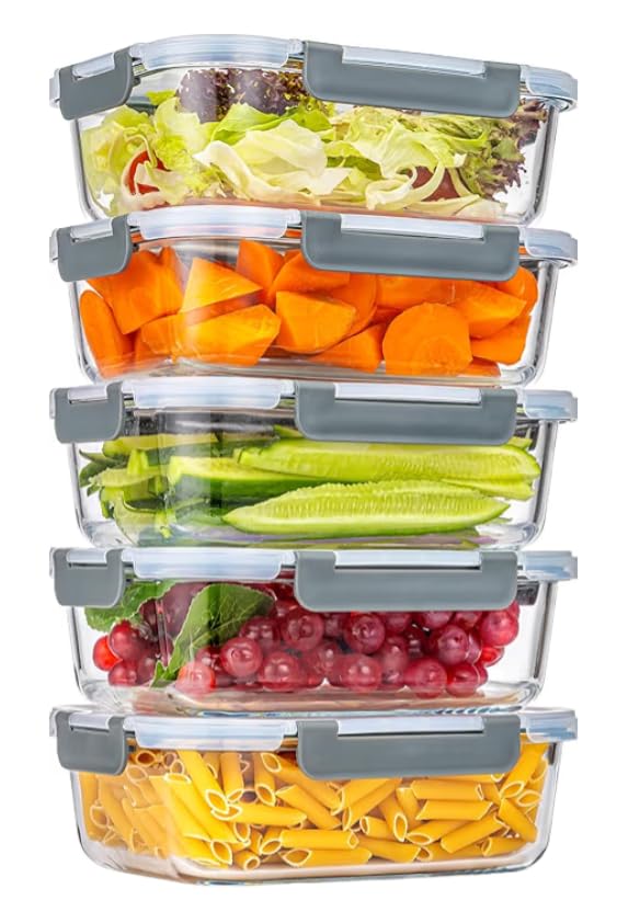 Purfex 5- Pack Meal Prep Container Set 22oz,Glass Food Storage Containers with Leak-Proof Locking Lids,Airtight Glass Containers,BPA-Free,Perfect for Kitchen Storage, Microwave,Freezer & Dishwasher