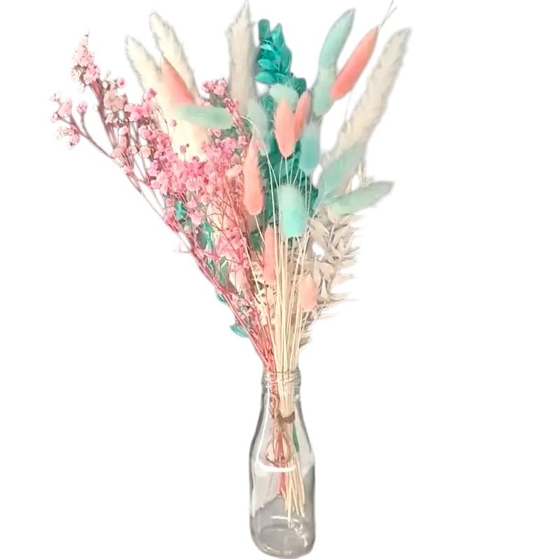 28pcs Bohemian Dried Flower Bouquet with White Feathers & Pink Roses - Ideal for DIY Home & Wedding Decor, Elegant Gift for Mother's Day, Valentine's. (pink blue)
