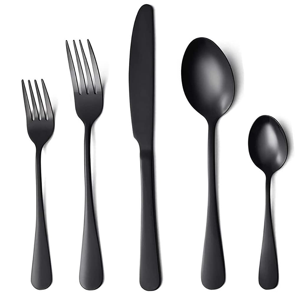 Funito Black Silverware Set,20 Piece Stainless Steel Flatware Cutlery Set for 4, Mirror Finish, Dishwasher Safe